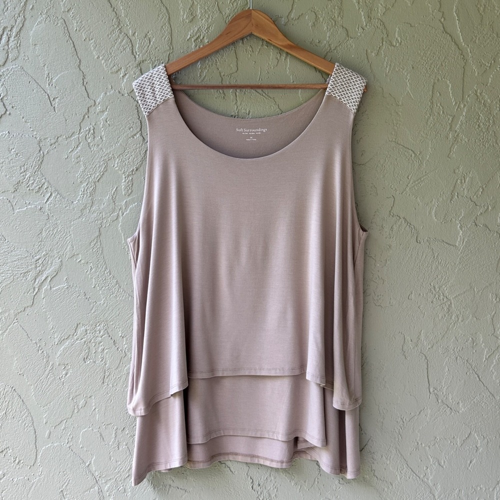 Soft Surroundings Taupe Layered Sleeveless Tunic with Beaded Shoulders